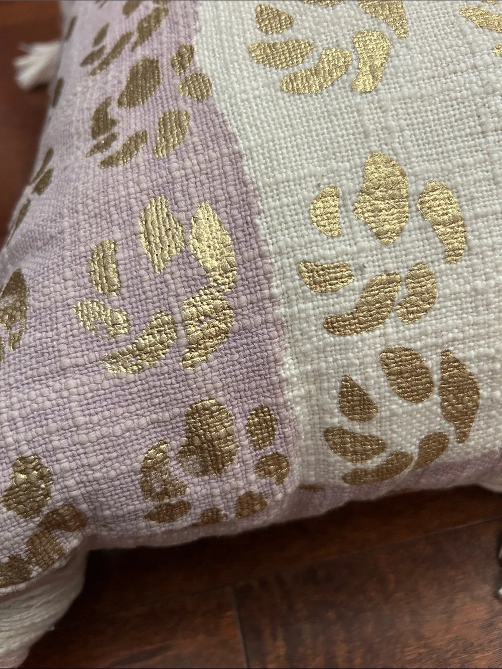Anthropologie Large Boho Metallic Gold and Lavender Tasseled Pillow, 20”x20”